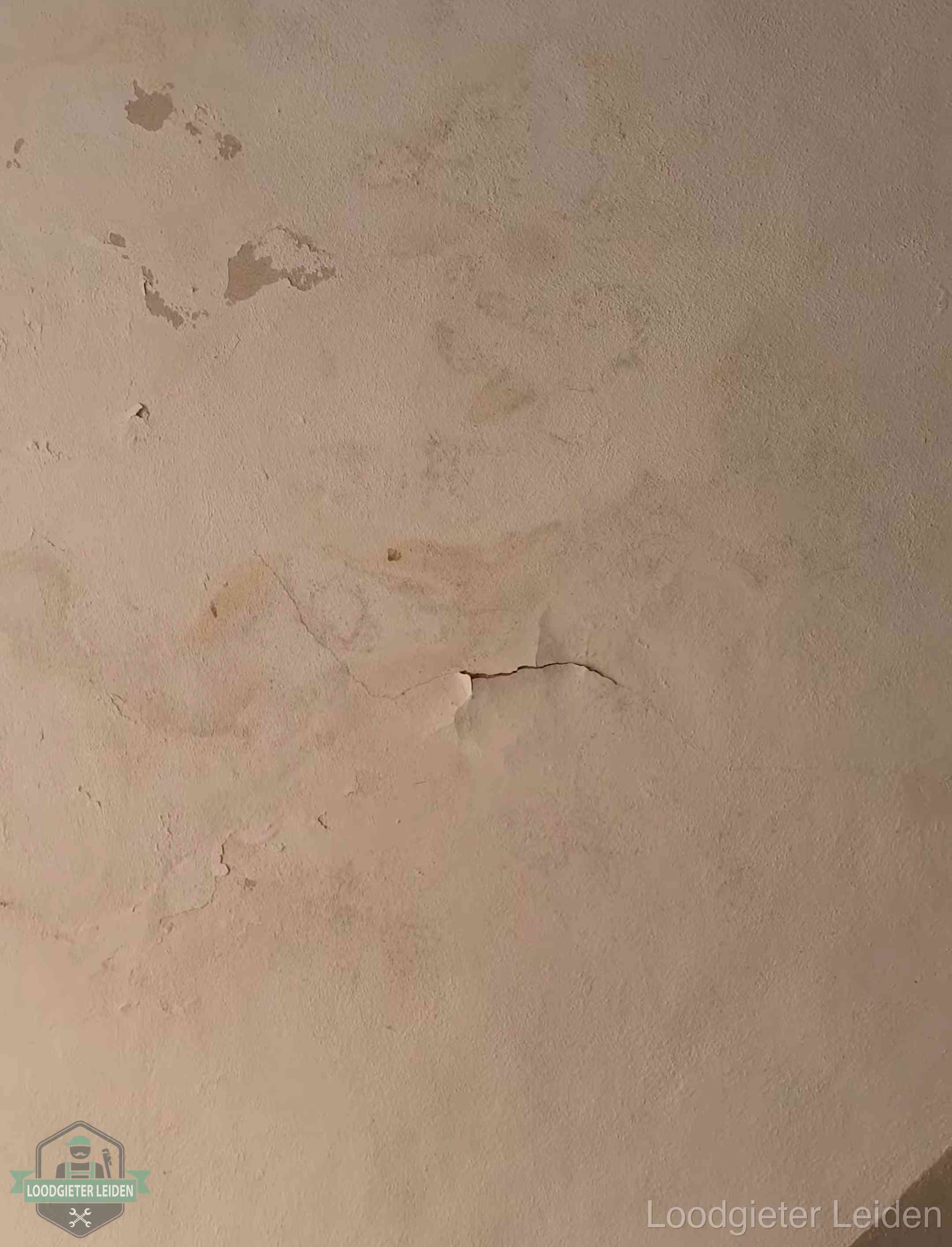 Vochtkringen en afbladderende verf op een plafond in Leiden, schade voor het meetrapport en de verzekering